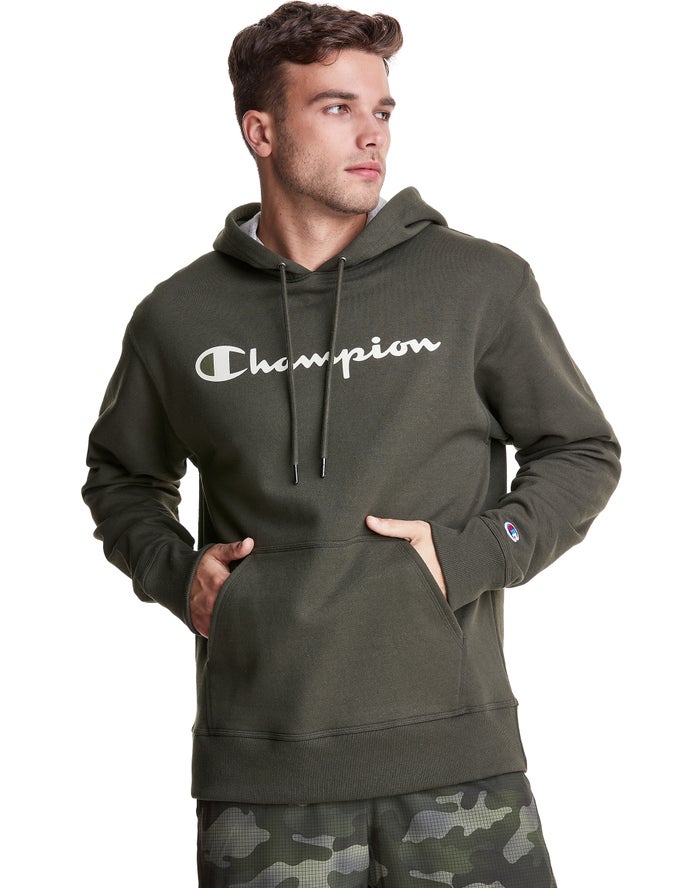 Champion Mens Hoodie NZ - Powerblend Fleece Script Logo Dark Green ( 7590-USGDH )